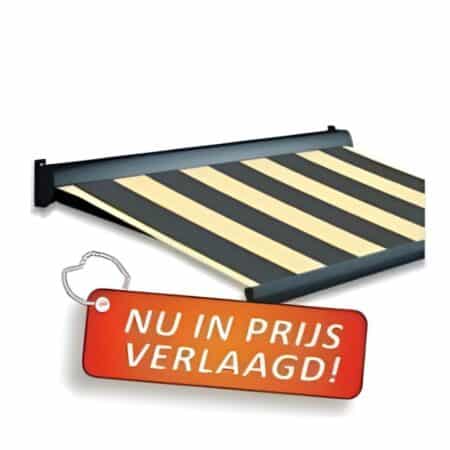 Op deze afbeelding is een milaan knikarmscherm te zien met een aanbieding label