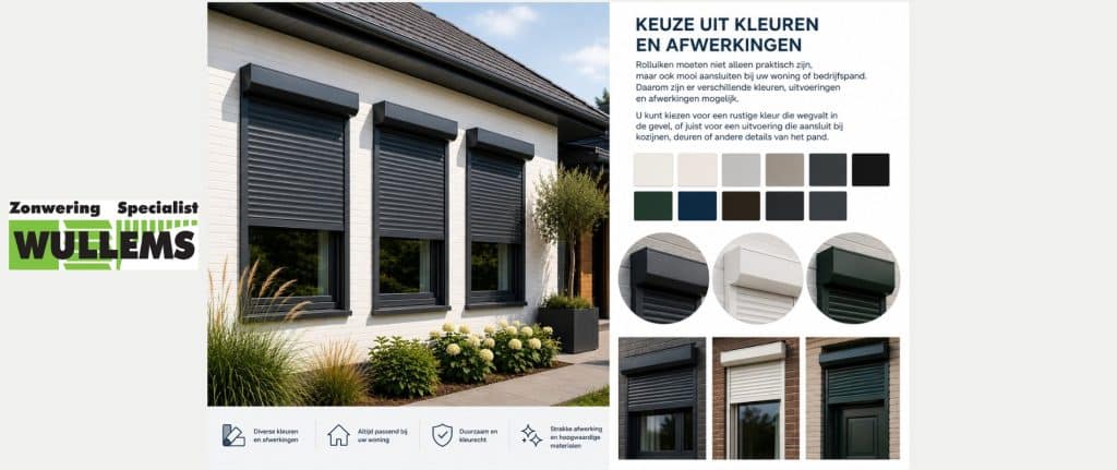 op deze foto is te zien in welke kleuren en soorten afwerking de rolluiken beschikbaar zijn