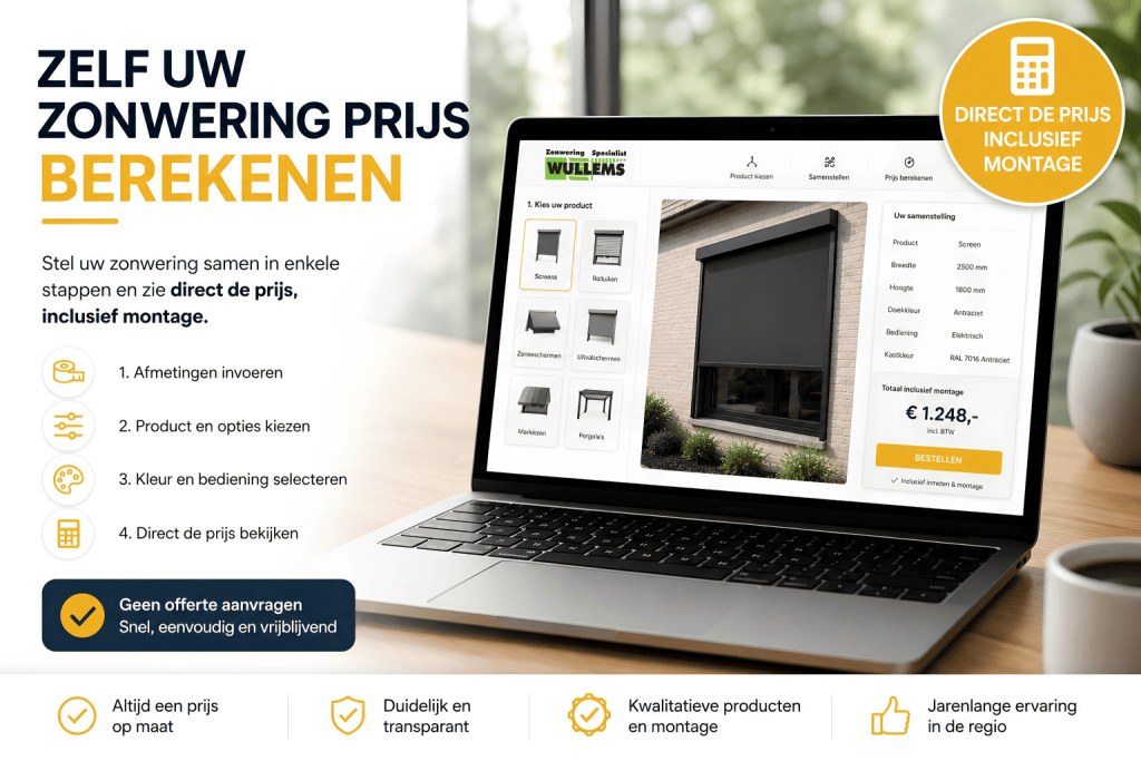 Op deze afbeelding is een laptop te zien met een prijsconfigurator van wullems zonwering waarmee de prijs van zonwering berekend kan worden