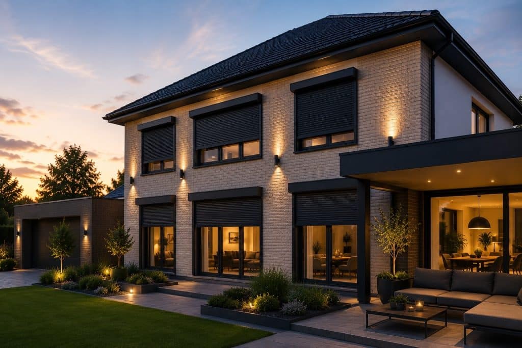 op deze foto is een sfeerimpressie te zien van een vrijstaande woning met rolluiken